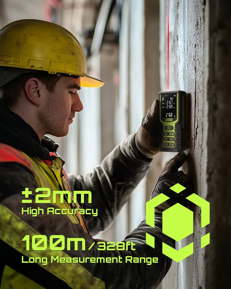 LASGOO Laser Measure, 100m/328ft Laser Measurement Tool, Laser Distance Meter with Angle Sensor, Ft/in/M Units, LCD Backlit Display, Length/Area/Volume/Pythagorean Mode, Battery Included - Image 2